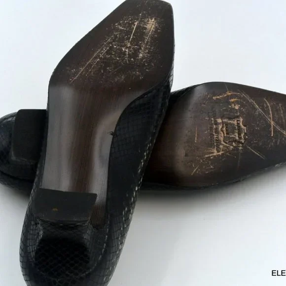 Stuart Weitzman Snakeskin Leather Pumps 7 M Black Tan Square Toe Kitten Heel - Picture 9 of 12